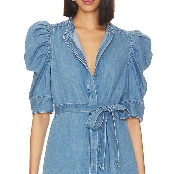 FRAME Denim Gillian Mini Denim Dress in Bluebird with Puff Sleeves | Size Large - Picture 5 of 7